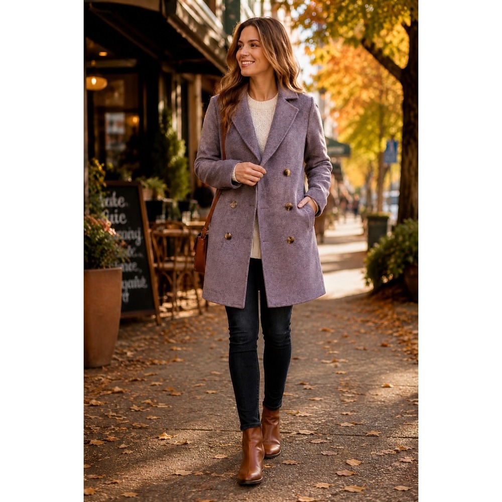 Sam Edelman Womens Purple Wool Blend Double Breasted Pea Coat Jacket Small 52924